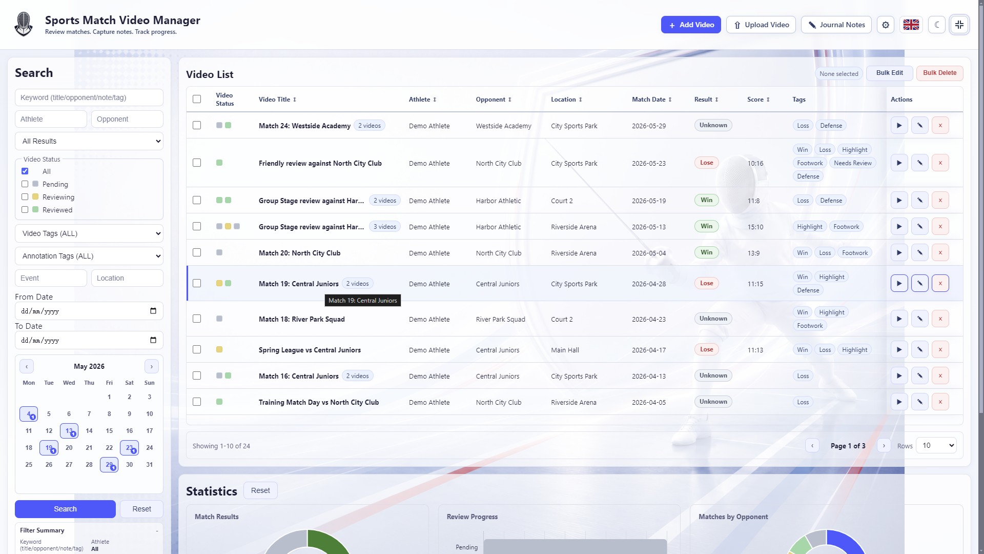 Match video list and filter page