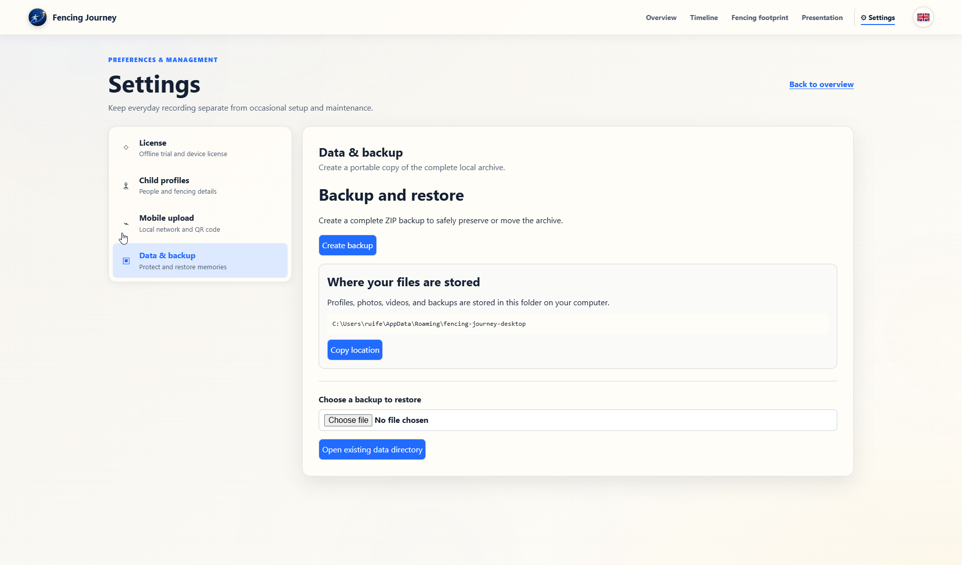 Local backup and restore settings