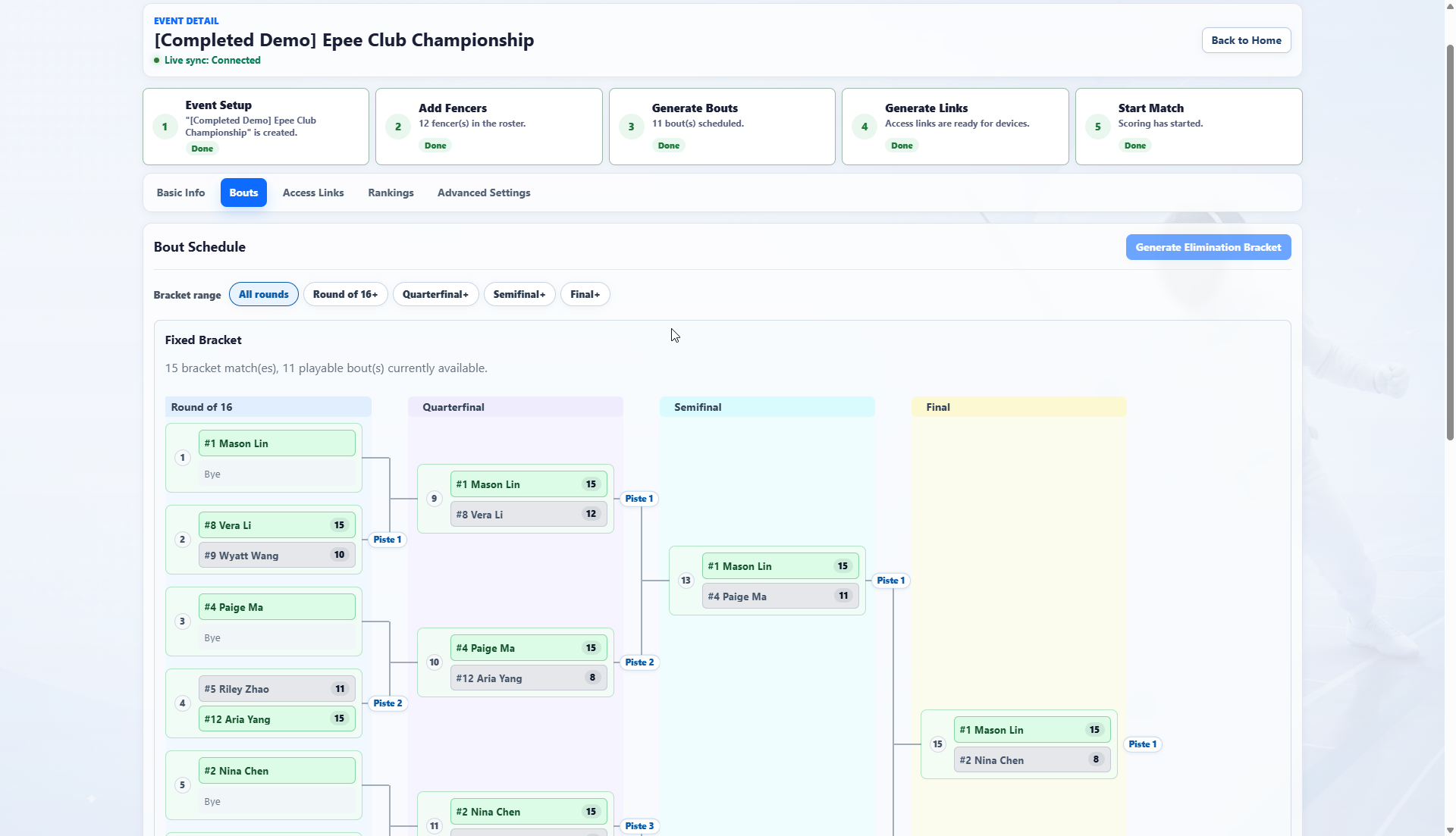 Admin elimination bracket